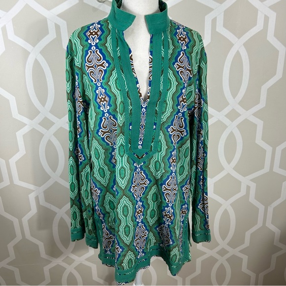 Tory Burch Tops - Tory Burch Tory Tunic Top 14 Green Print Ribbon Trim Cotton Long Sleeve Euc